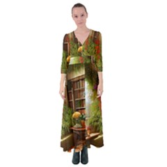 Room Interior Library Books Bookshelves Reading Literature Study Fiction Old Manor Book Nook Reading Button Up Maxi Dress by Posterlux