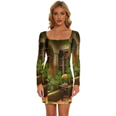 Room Interior Library Books Bookshelves Reading Literature Study Fiction Old Manor Book Nook Reading Long Sleeve Square Neck Bodycon Velvet Dress by Posterlux