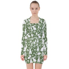 Easter Bunny Pattern V-neck Bodycon Long Sleeve Dress by Valentinaart