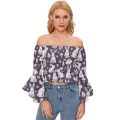 Easter Bunny Pattern Off Shoulder Flutter Bell Sleeve Top by Valentinaart