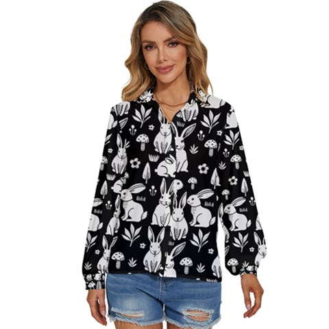 Easter Bunny Pattern Women s Long Sleeve Button Up Shirt by Valentinaart