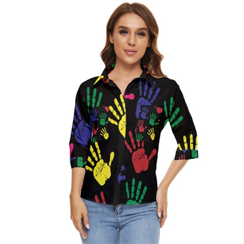 Handprints Hand Print Colourful Women s Quarter Sleeve Pocket Shirt by Anend