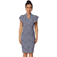 Blue Black Snake Pattern Vintage Frill Sleeve V-neck Bodycon Dress by DinkovaArt