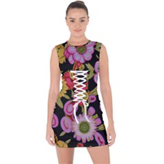 Mid Century Retro Floral 1970s 1960s Pattern 70 Lace Up Front Bodycon Dress by violetheavensky