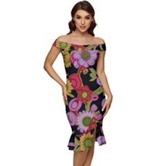 Mid Century Retro Floral 1970s 1960s Pattern 70 Off Shoulder Ruffle Split Hem Bodycon Dress by violetheavensky