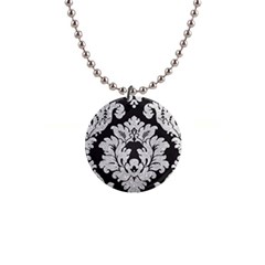 Diamond Bling Glitter On Damask Black Mini Button Necklace by artattack4all