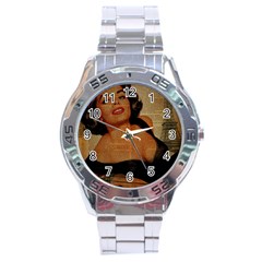 Vintage Newspaper Print Pin Up Girl Paris Eiffel Tower Stainless Steel Watch (men s) by chicelegantboutique