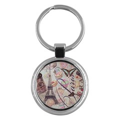 French Pastry Vintage Scripts Floral Scripts Butterfly Eiffel Tower Vintage Paris Fashion Key Chain (round) by chicelegantboutique