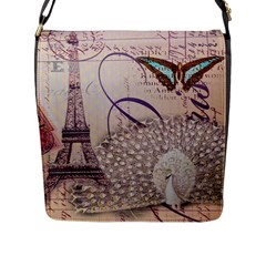 White Peacock Paris Eiffel Tower Vintage Bird Butterfly French Botanical Art Flap Closure Messenger Bag (large) by chicelegantboutique