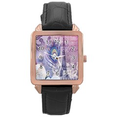 Peacock Feather White Rose Paris Eiffel Tower Rose Gold Leather Watch  by chicelegantboutique
