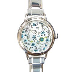 Blue Whimsical Flowers  On Blue Round Italian Charm Watch by Zandiepants