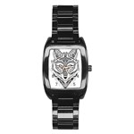 Ornate Foxy Wolf Stainless Steel Barrel Watch Front