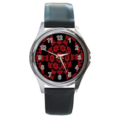 Red Alaun Crystal Mandala Round Leather Watch (silver Rim) by lucia