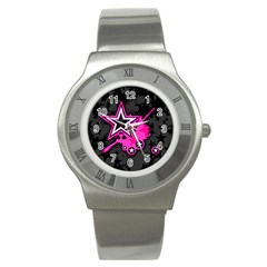 Pink Star Graphic Stainless Steel Watch (slim) by ArtistRoseanneJones