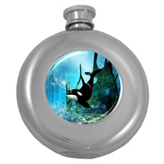 Orca Swimming In A Fantasy World Round Hip Flask (5 Oz) by FantasyWorld7