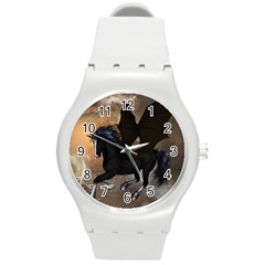 Awesome Dark Unicorn With Clouds Round Plastic Sport Watch (m) by FantasyWorld7