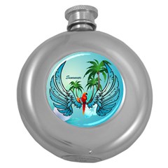 Summer Design With Cute Parrot And Palms Round Hip Flask (5 Oz) by FantasyWorld7