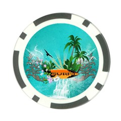 Surfboard With Palm And Flowers Poker Chip Card Guards by FantasyWorld7