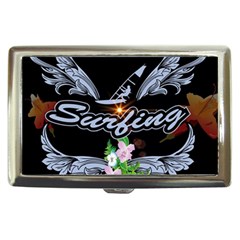 Surfboarder With Damask In Blue On Black Bakcground Cigarette Money Cases by FantasyWorld7