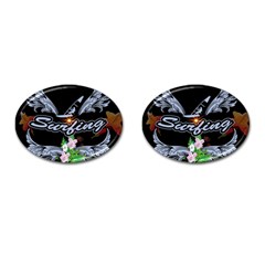 Surfboarder With Damask In Blue On Black Bakcground Cufflinks (oval) by FantasyWorld7