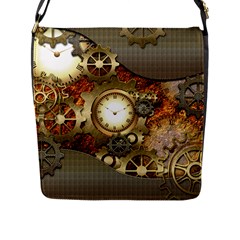 Steampunk, Wonderful Steampunk Design With Clocks And Gears In Golden Desing Flap Messenger Bag (l)  by FantasyWorld7