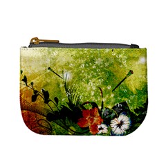 Awesome Flowers And Lleaves With Dragonflies On Red Green Background With Grunge Mini Coin Purses by FantasyWorld7