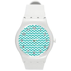 Turquoise & White Zigzag Pattern Round Plastic Sport Watch (m) by Zandiepants