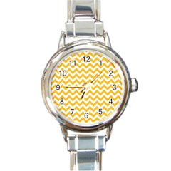 Sunny Yellow & White Zigzag Pattern Round Italian Charm Watch by Zandiepants