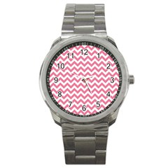 Soft Pink & White Zigzag Pattern Sport Metal Watch by Zandiepants
