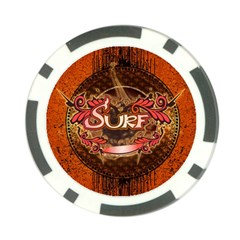 Surfing, Surfboard With Floral Elements  And Grunge In Red, Black Colors Poker Chip Card Guards by FantasyWorld7