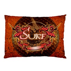 Surfing, Surfboard With Floral Elements  And Grunge In Red, Black Colors Pillow Case by FantasyWorld7