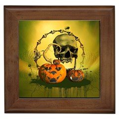 Halloween, Funny Pumpkins And Skull With Spider Framed Tiles by FantasyWorld7