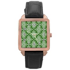 St Patrick S Day Damask Vintage Green Background Pattern Rose Gold Leather Watch  by Simbadda