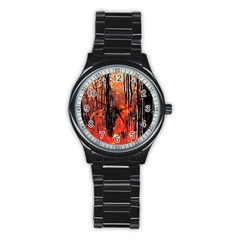 Forest Fire Fractal Background Stainless Steel Round Watch by Simbadda