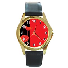 Flower Floral Red Back Sakura Round Gold Metal Watch by Mariart