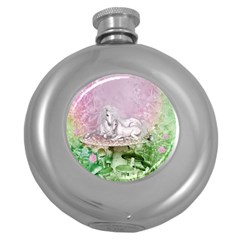 Wonderful Unicorn With Foal On A Mushroom Round Hip Flask (5 Oz) by FantasyWorld7