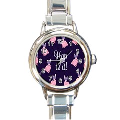 Rabbit Bunny Pink Purple Easter Animals Round Italian Charm Watch by Mariart