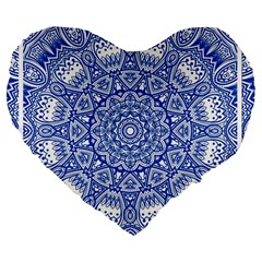 Blue Mandala Art Pattern Large 19  Premium Flano Heart Shape Cushions by paulaoliveiradesign