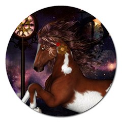 Steampunk Wonderful Wild Horse With Clocks And Gears Magnet 5  (round) by FantasyWorld7