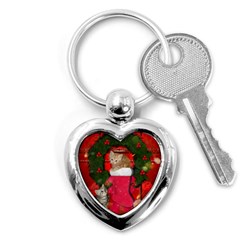 Christmas, Funny Kitten With Gifts Key Chains (heart)  by FantasyWorld7