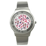 Boho Owl and Feather White Pattern Stainless Steel Watch Front