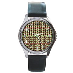Zig Zag Multicolored Ethnic Pattern Round Metal Watch by dflcprintsclothing
