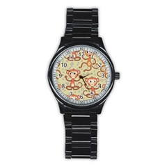 Cute Cartoon Monkeys Pattern Stainless Steel Round Watch by Bigfootshirtshop