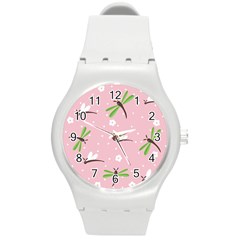 Dragonfly And White Flowers Pattern Round Plastic Sport Watch (m) by Bigfootshirtshop