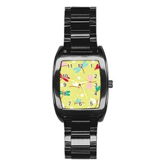 Colorful Dragonflies And White Flowers Pattern Stainless Steel Barrel Watch by Bigfootshirtshop