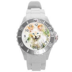 Cat Animal Art Abstract Watercolor Round Plastic Sport Watch (l) by Celenk