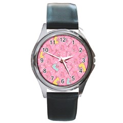 Unicorns Eating Ice Cream Pattern Round Metal Watch by Bigfootshirtshop