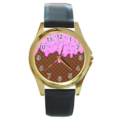Chocolate And Strawberry Icecream Round Gold Metal Watch by jumpercat