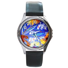 Ceramic Jur And Sunlowers Round Metal Watch by bestdesignintheworld