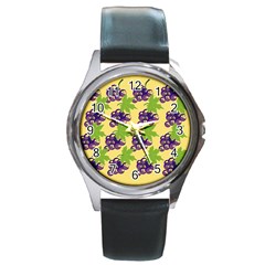 Grapes Background Sheet Leaves Round Metal Watch by Sapixe
